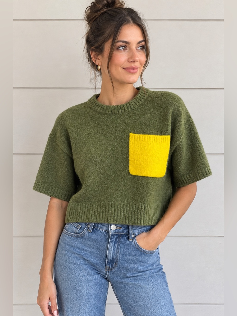 ZARA SHORT SLEEVE CHUNKY KNIT SWEATER GREEN YELLOW CROPPED COROLBLOCK SIZE M